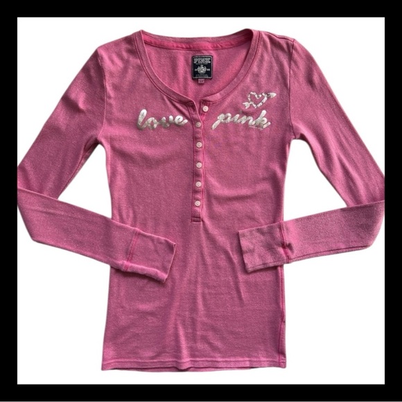 Vintage 2009 Victoria's Secret PINK Metallic Love Pink Shimmer Henley Tee Size S - Picture 9 of 9